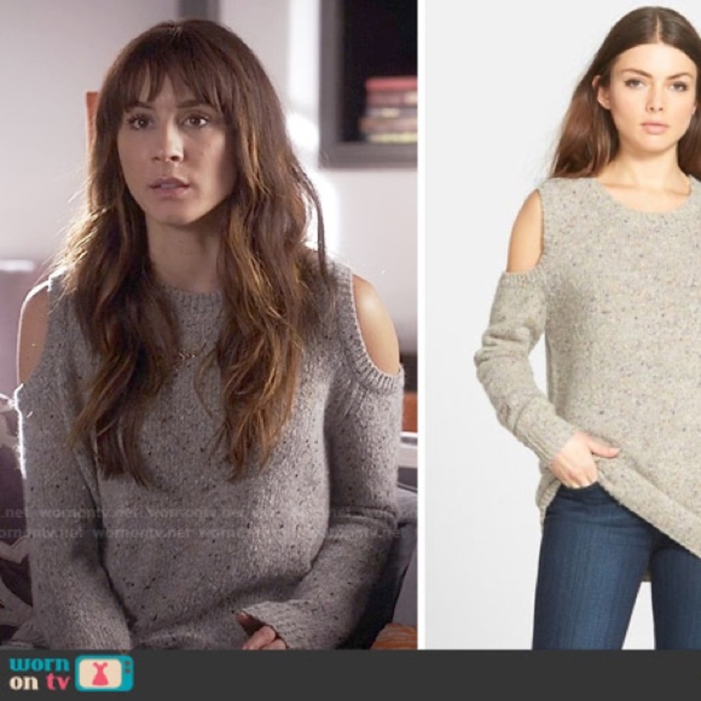 Rebecca Minkoff Marled Charcoal Knit Alpaca Wool Cold Shoulder V-Neck Sweater - Picture 3 of 13